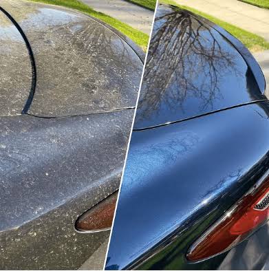 Before and after: black coupe paint correction