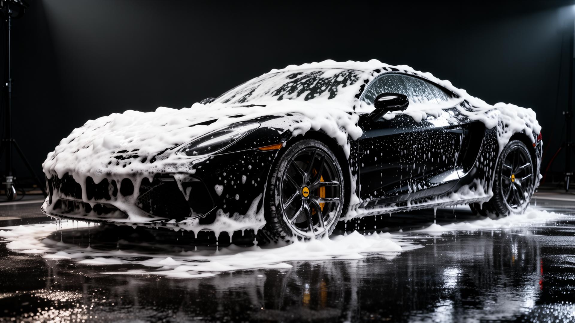 Black sports car covered in detailing foam
